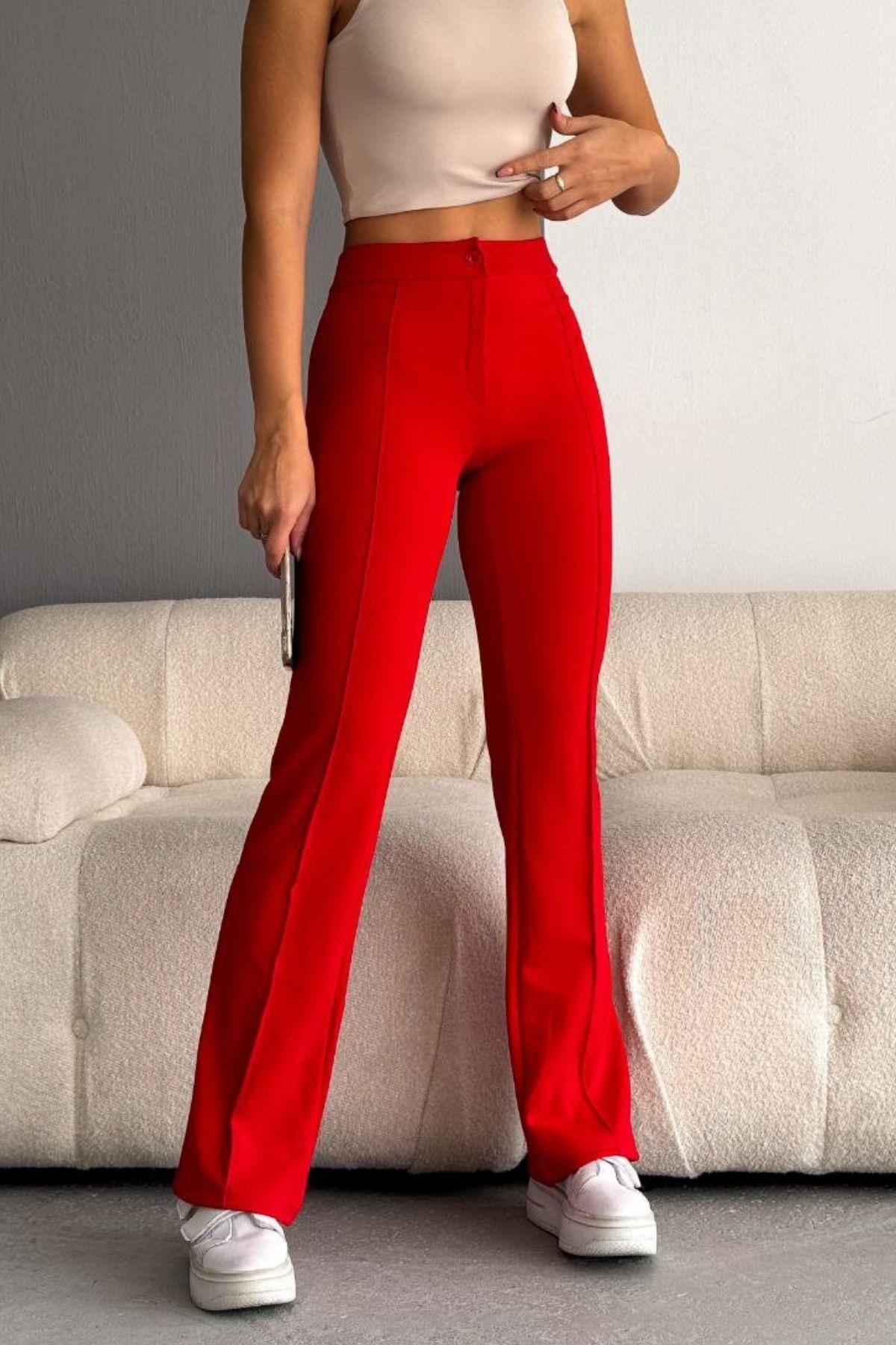 Biyeli Geniş Paça Pantolon Kırmızı