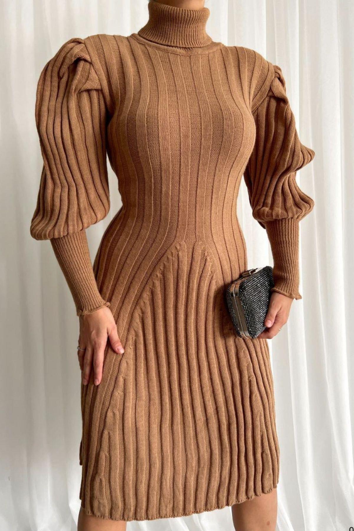 Boğazlı Balon Kol Triko Elbise Vizon