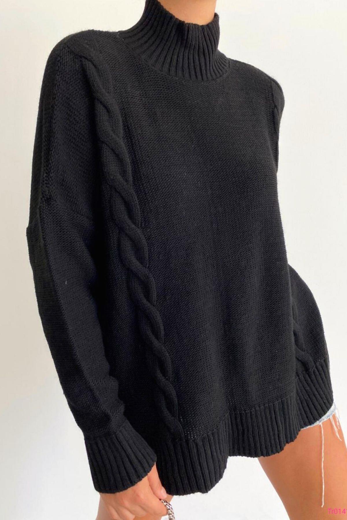 Boğazlı Saç Örgü Oversize Triko Siyah