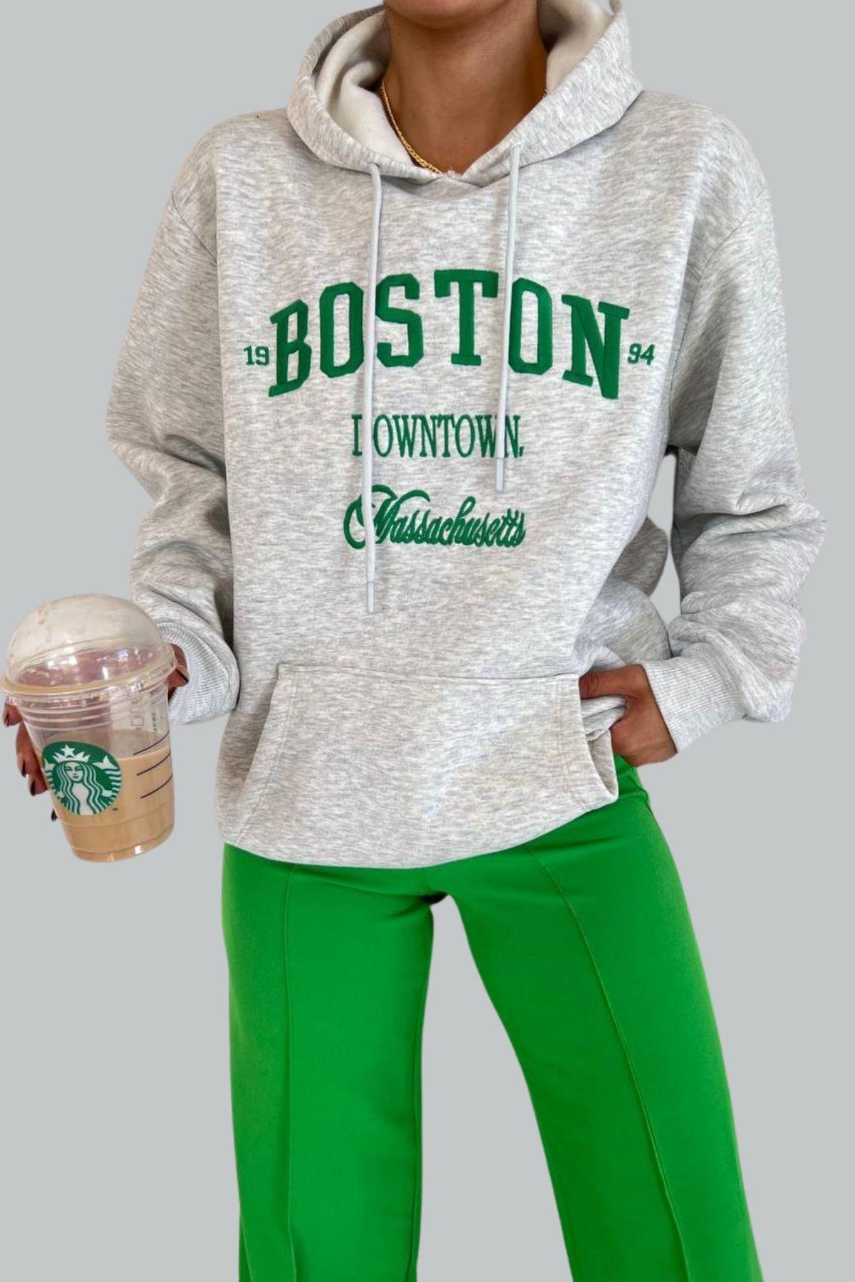 Boston Nakışlı Kalın Salaş Sweat Gri