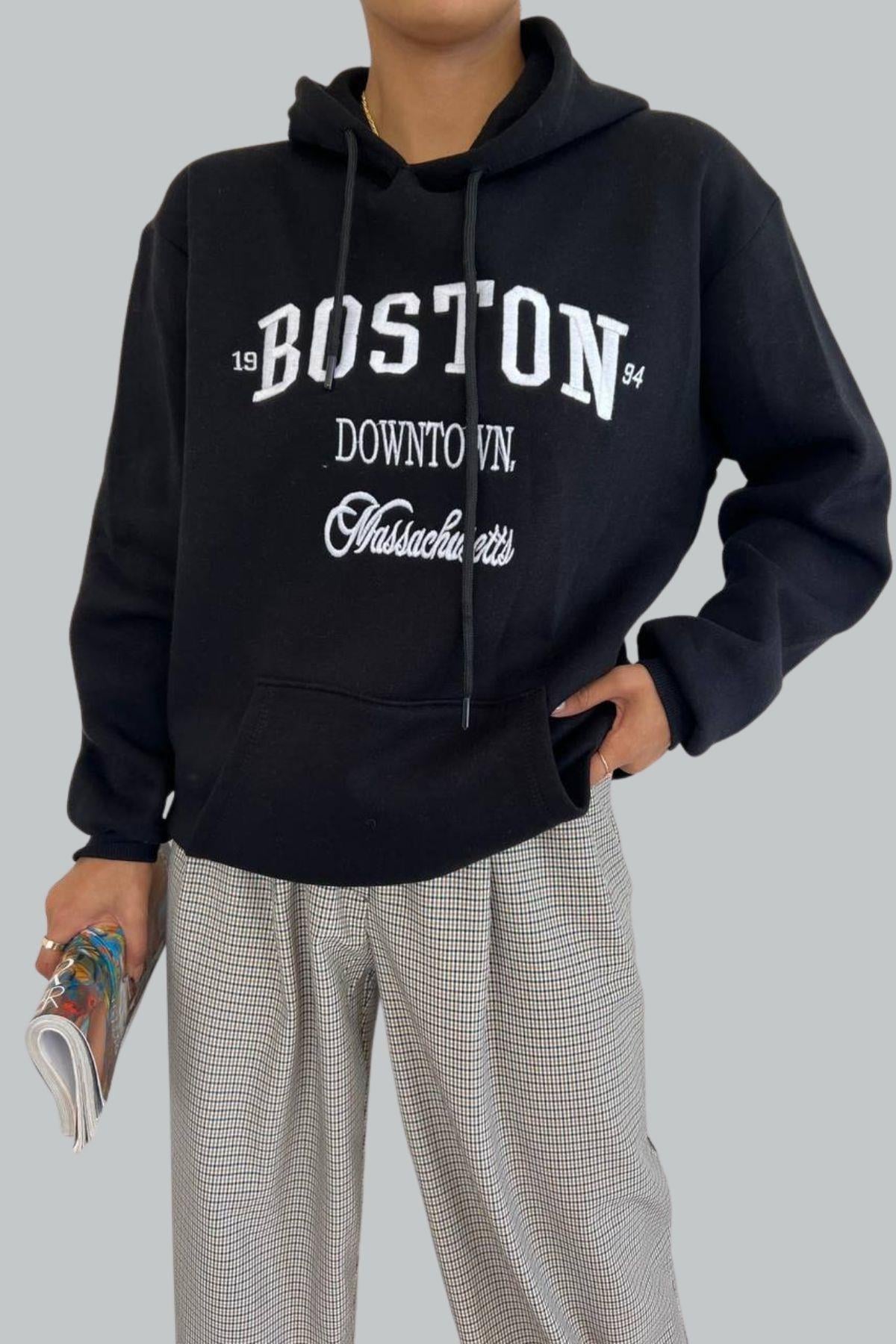 Boston Nakışlı Kalın Salaş Sweat Siyah