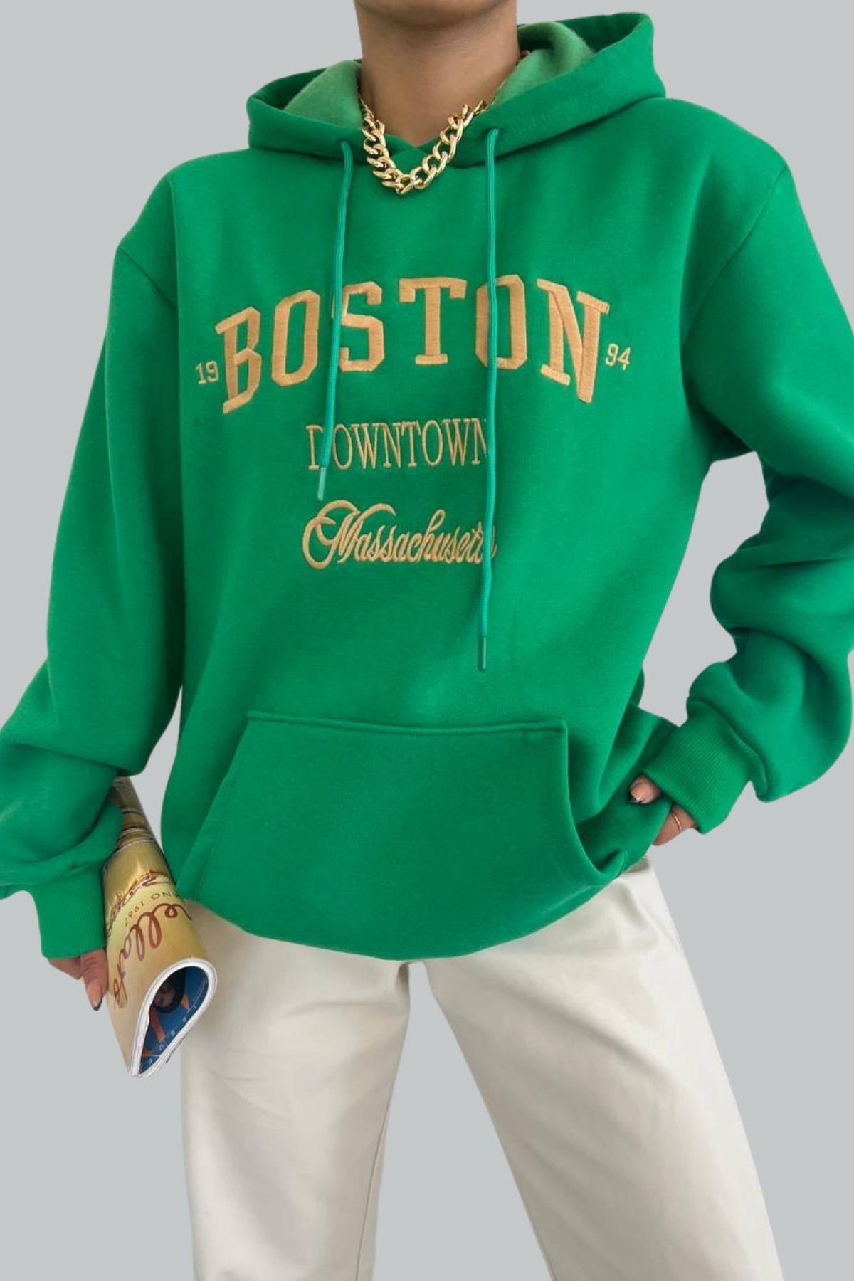 Boston Nakışlı Kalın Salaş Sweat Yeşil