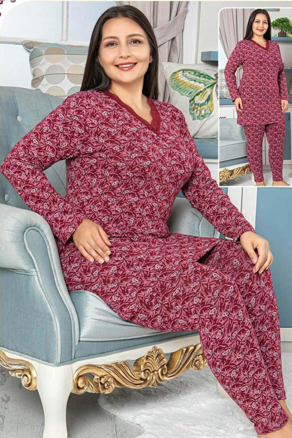 Büyük Beden Dantelli V Yaka Pijama Takımı