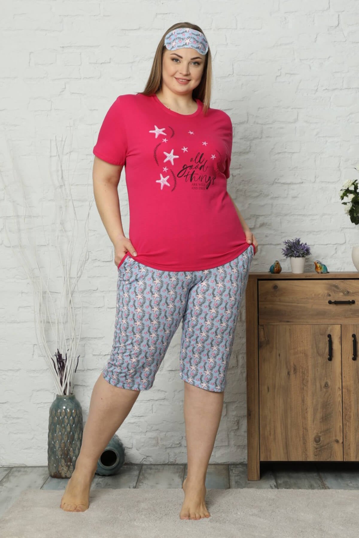 Büyük Beden Kısa Kol Kapri Pijama Takım
