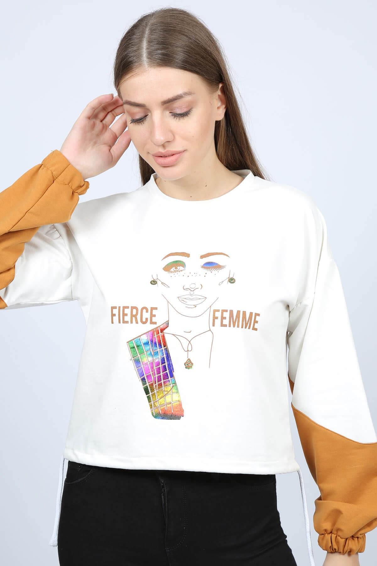 Büzgülü Baskılı Kadın Sweat Ekru