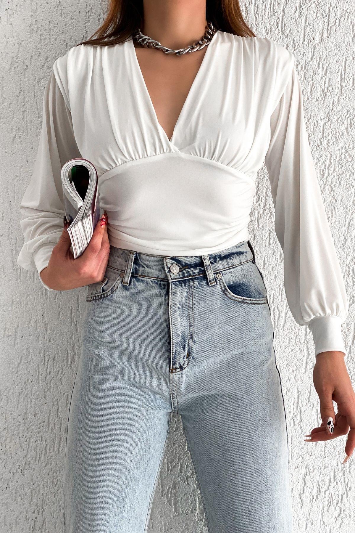Büzgülü Crop Bluz Beyaz