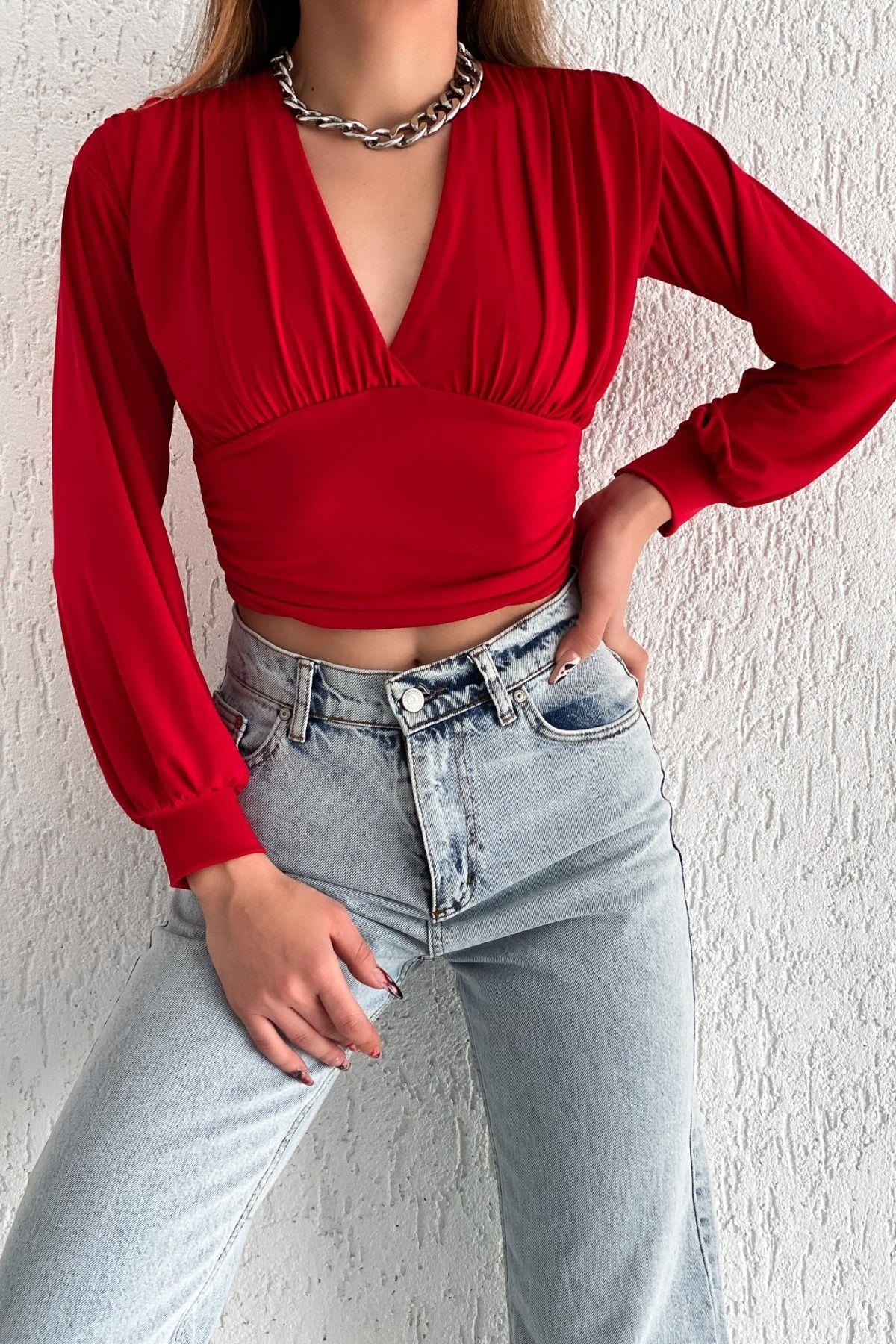 Büzgülü Crop Bluz Kırmızı