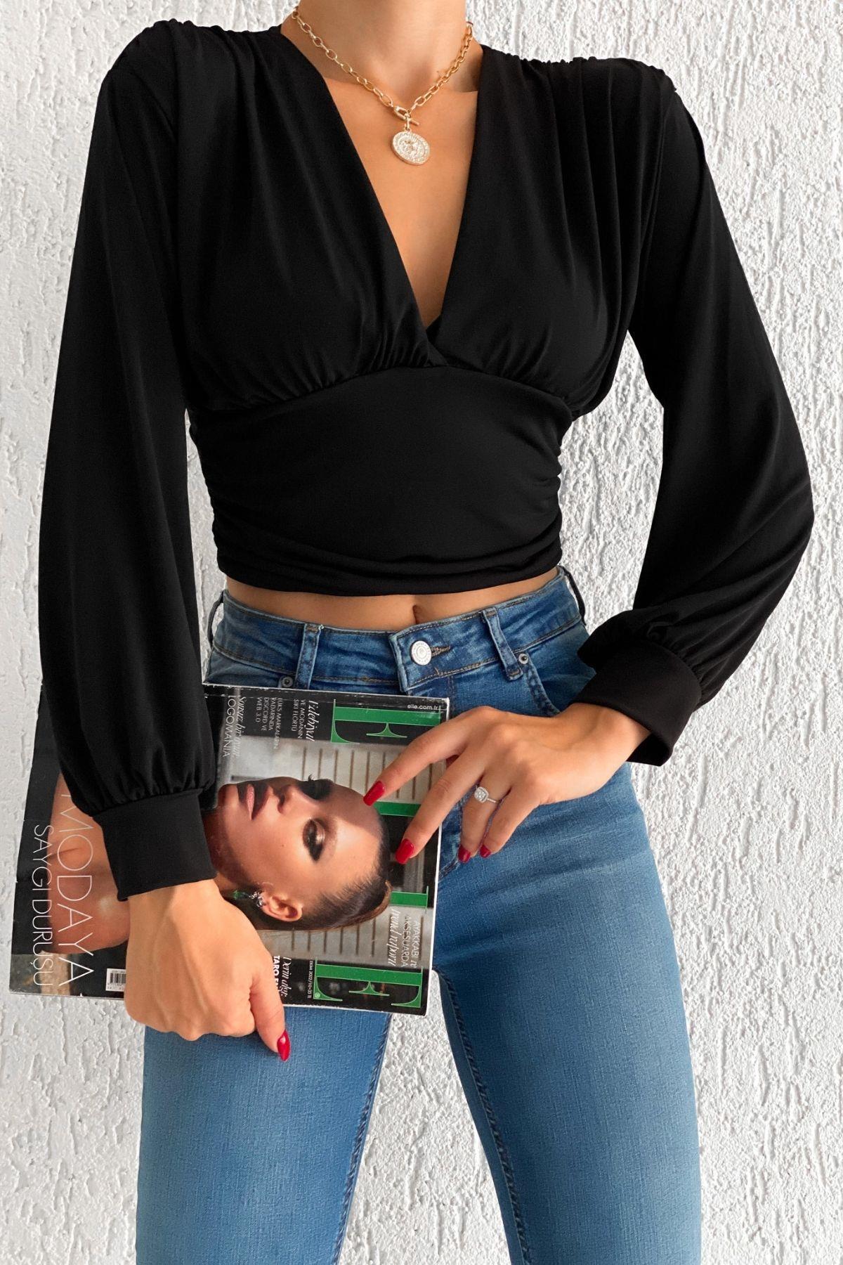 Büzgülü Crop Bluz Siyah