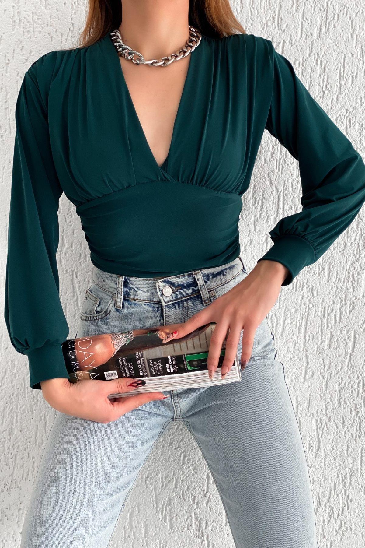 Büzgülü Crop Bluz Yeşil
