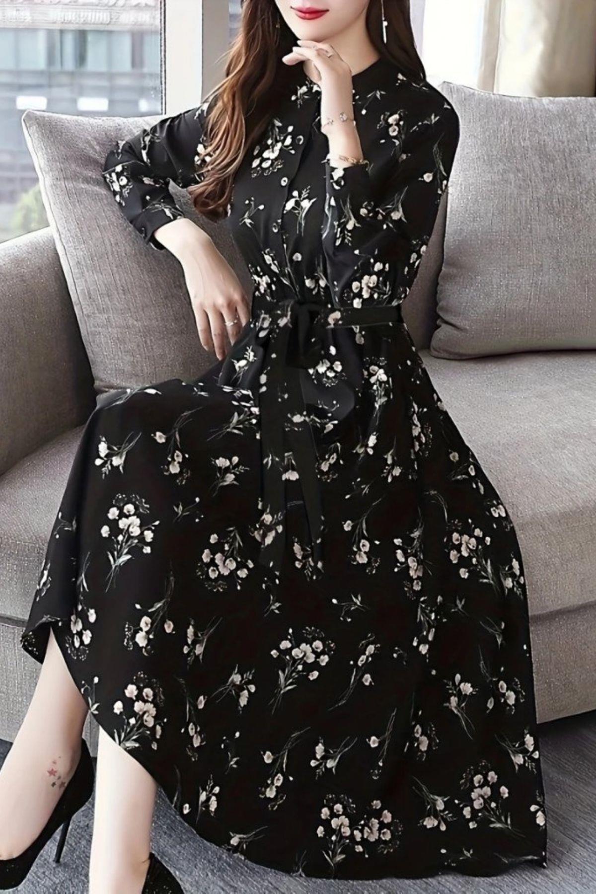 Hakim Yaka Çiçek Desenli Kuşaklı Elbise - Siyah