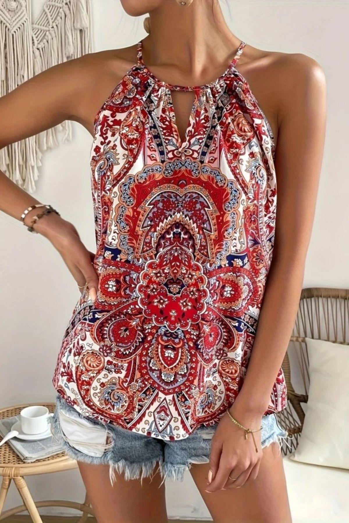 Halter Yaka Damla Detaylı Desenli Süprem Bluz - Kırmızı