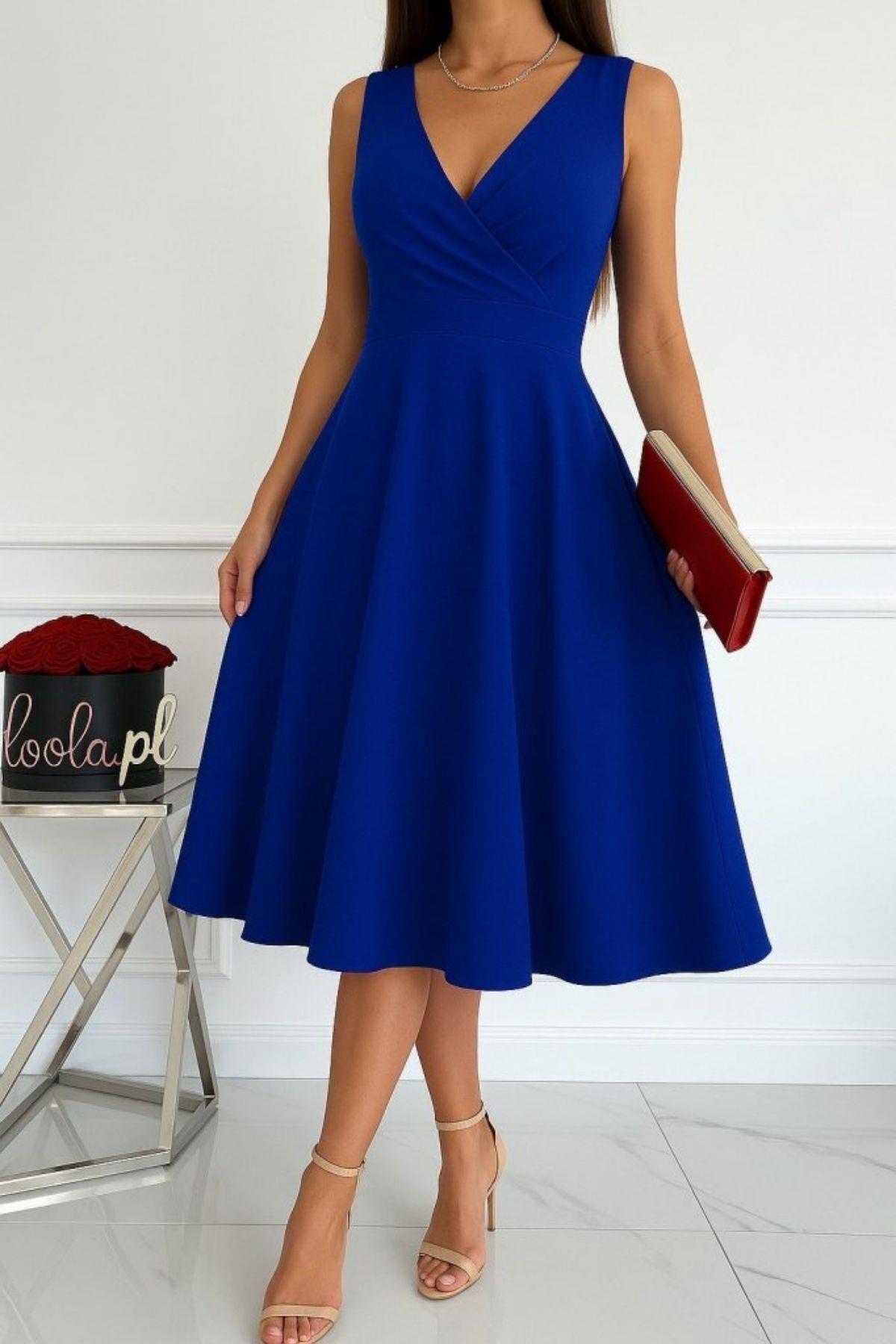 Kruvaze Yaka Eteği Kloş Kolsuz İthal Krep Elbise - Saks