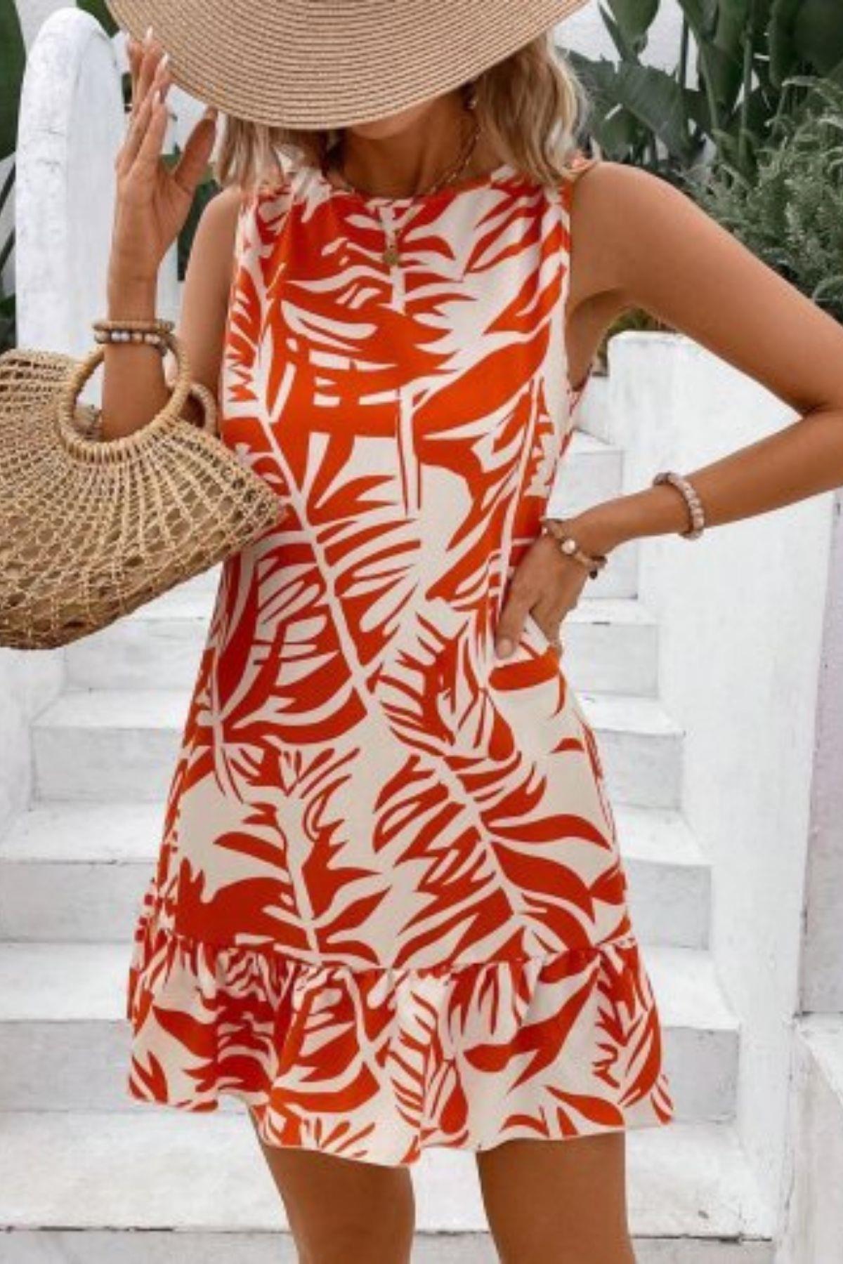Sıfır Kol Yaprak Desenli Fırfır Detaylı Elbise - Turuncu