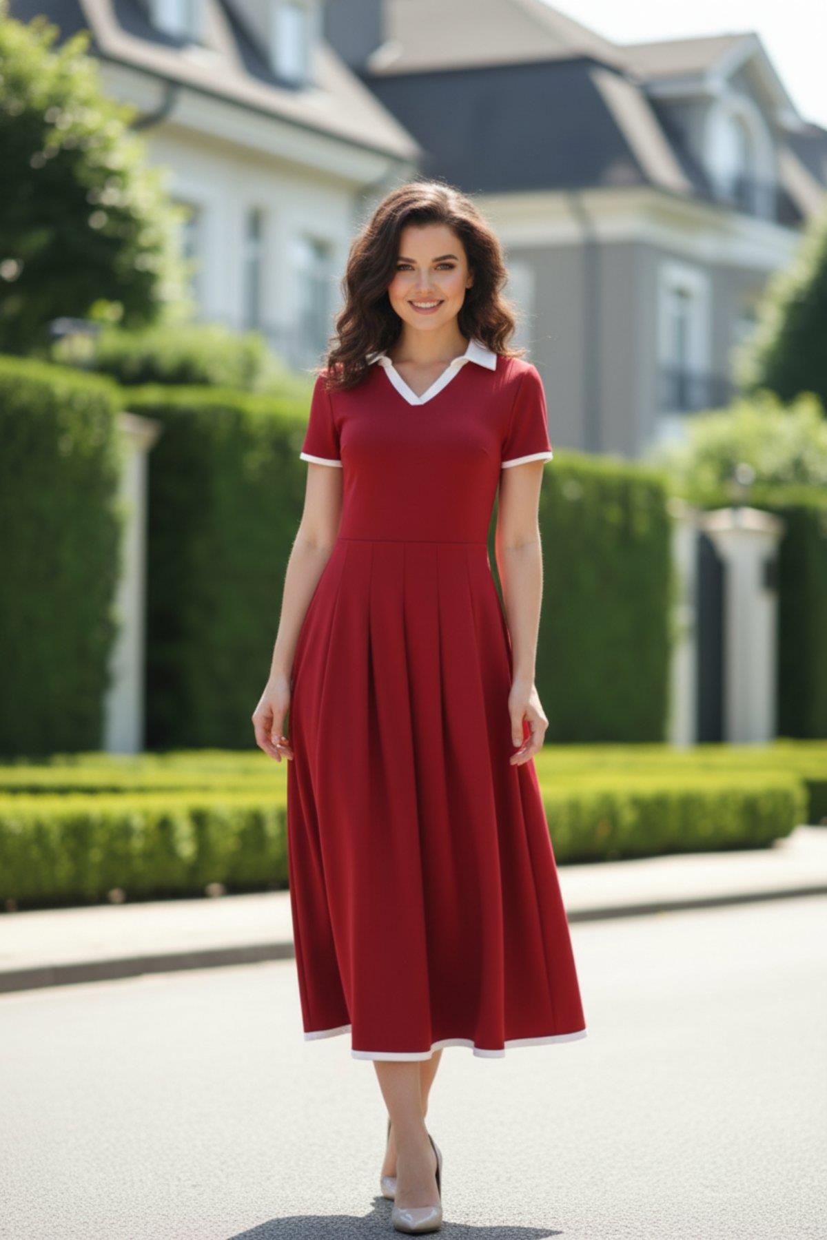 V Yakalı Şerit Detaylı Rahat Kesim Krep Elbise - Kırmızı