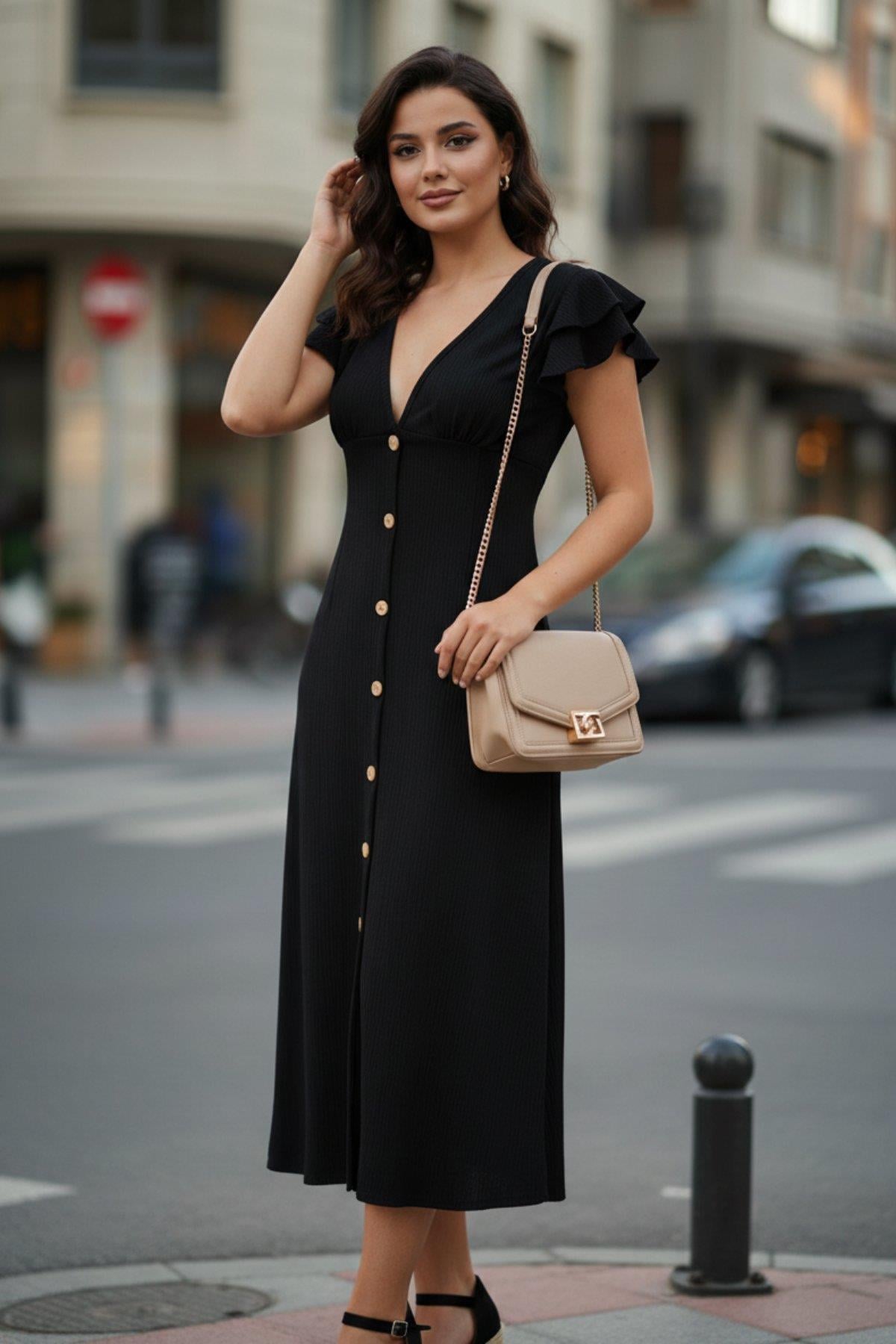 V Yaka Önden Düğmeli Bürümcük Elbise - Siyah