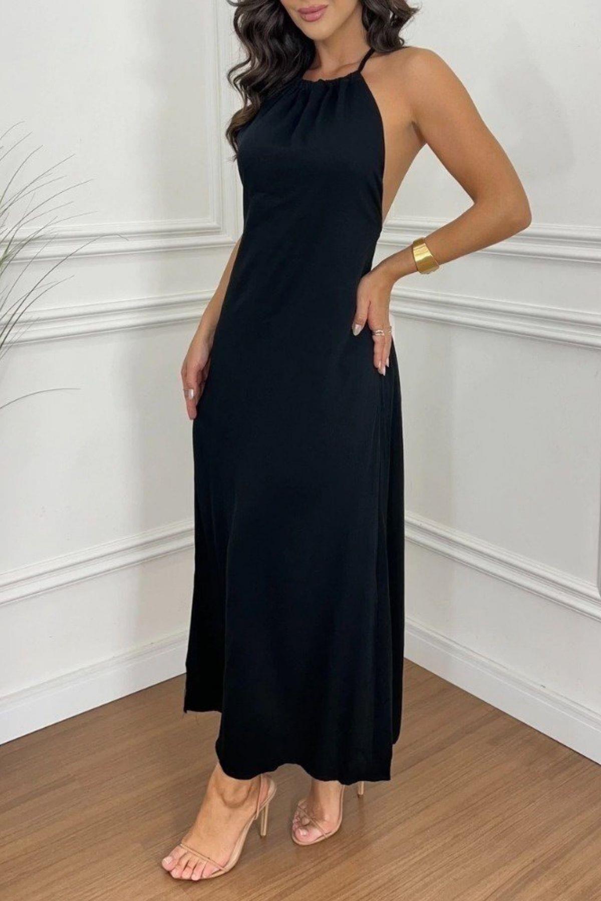 Halter Yaka Sırt Dekolteli Viskon Elbise - Siyah