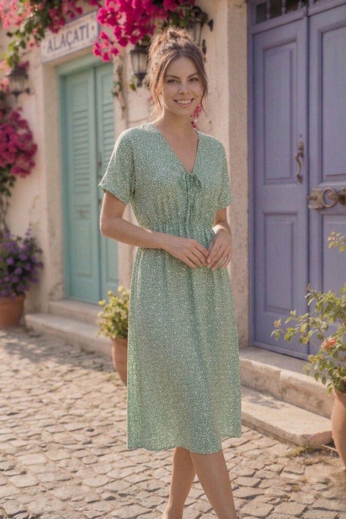 Yeşil Çiçekli Dokuma Viskon Günlük Uzun Elbise