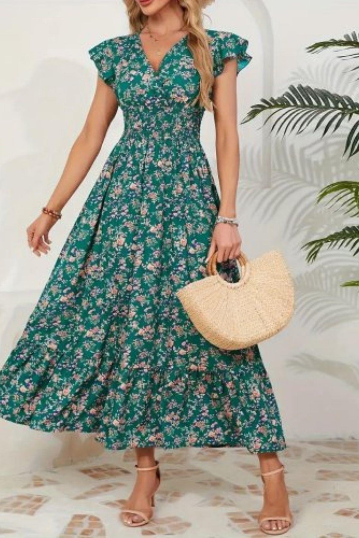 Kruvaze Yaka Beli Lastikli Çiçek Desenli Elbise - Yeşil