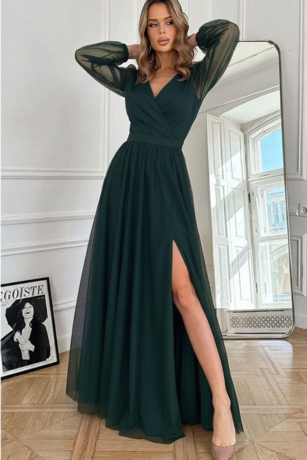 Kruvaze Yaka Tüllü Uzun İthal Krep Elbise - Yeşil