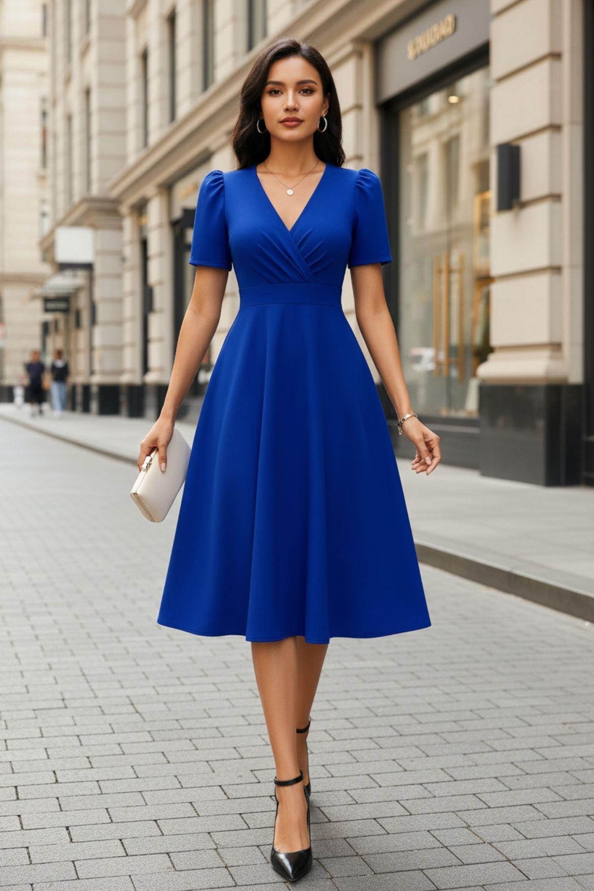 Saks Mavisi Kruvaze Midi Elbise V Yaka Kısa Kollu Modern Şık Elbise