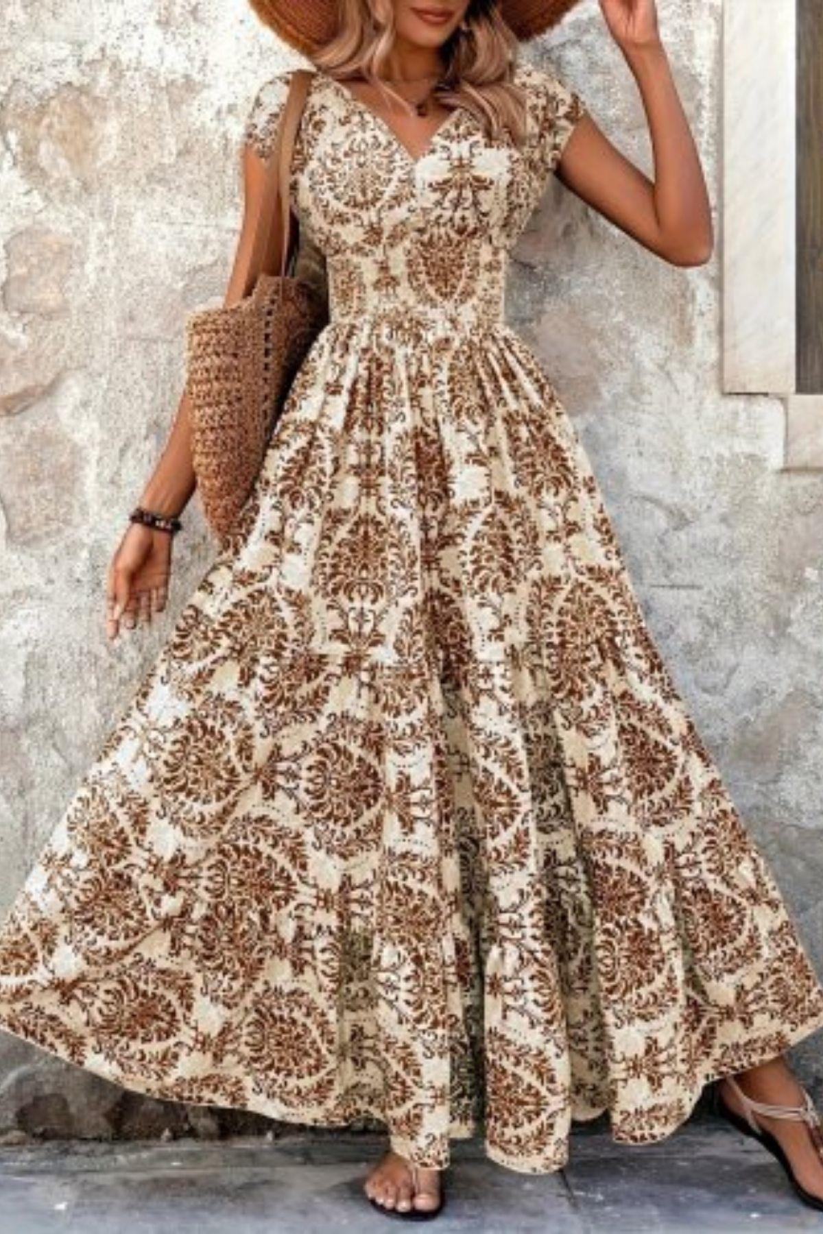 Desenli Kruvaze Yaka Kısa Kollu Maxi Boy Süprem Elbise - Kahve