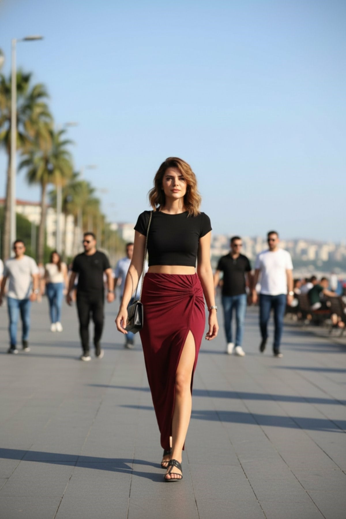 Yüksek Bel Yandan Büzgülü Derin Yırtmaçlı Maxi Boy Sandy Etek - Bordo