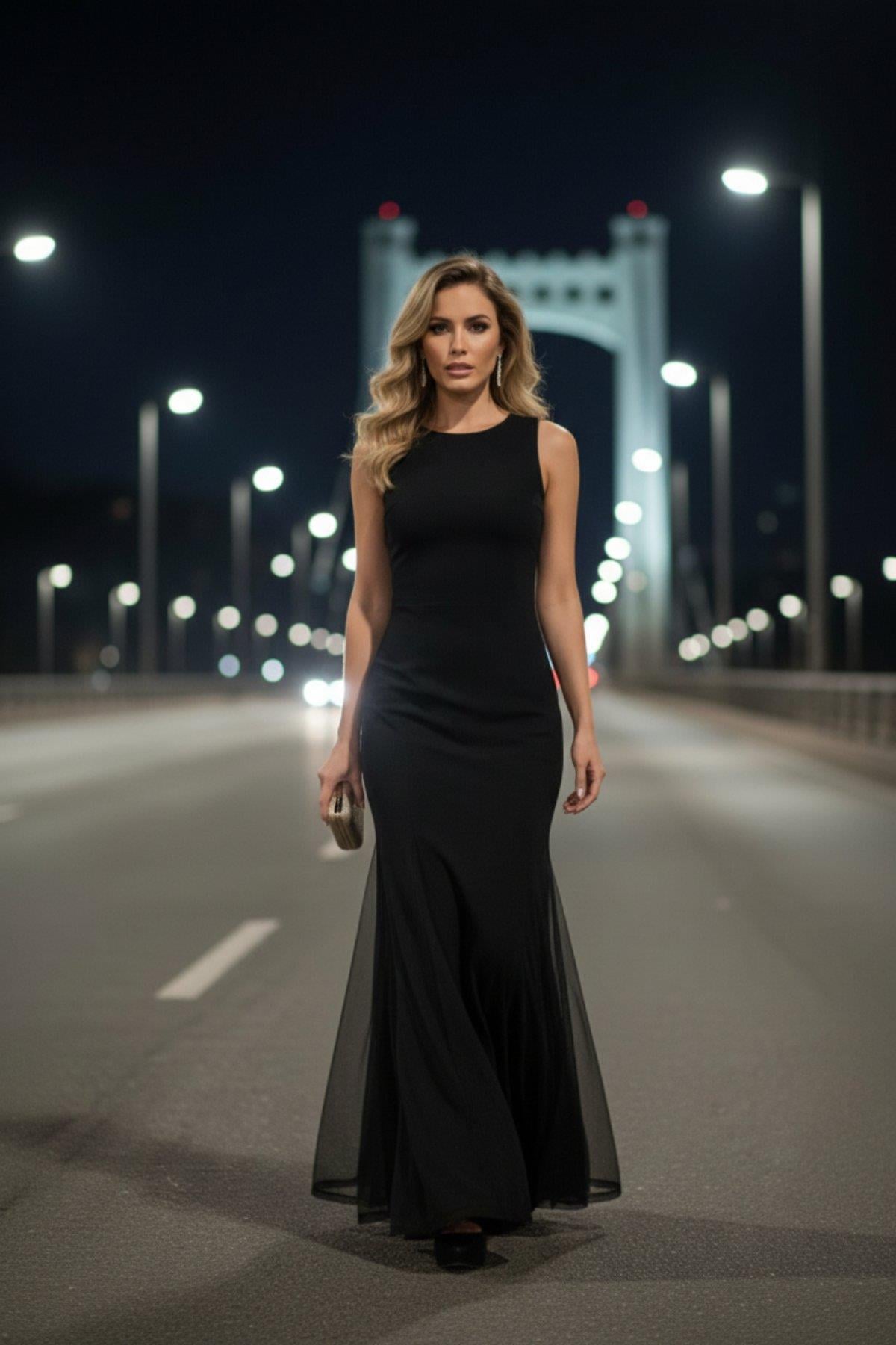 Bisiklet Yaka Etek Ucu Tül Detaylı İthal Krep Elbise - Siyah