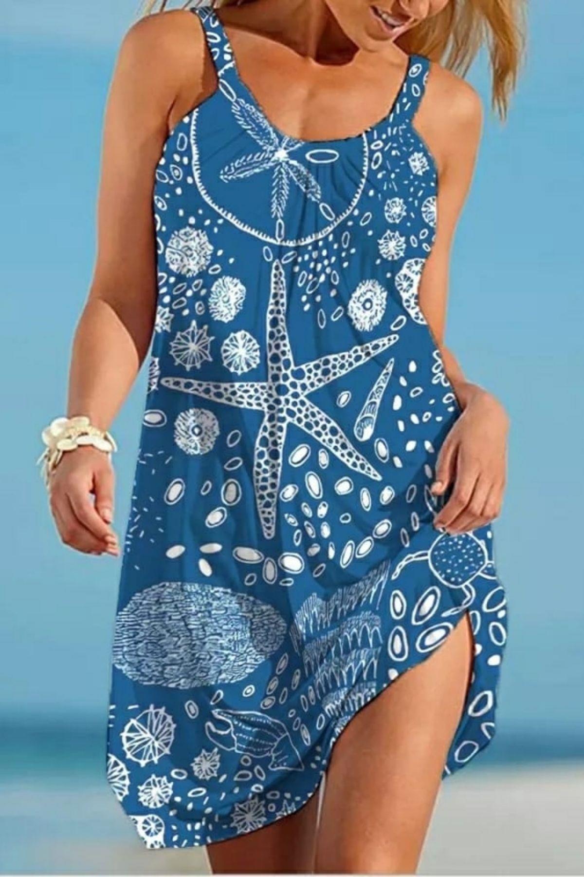 Askılı Deniz Yıldızı Desenli Süprem Elbise - Mavi