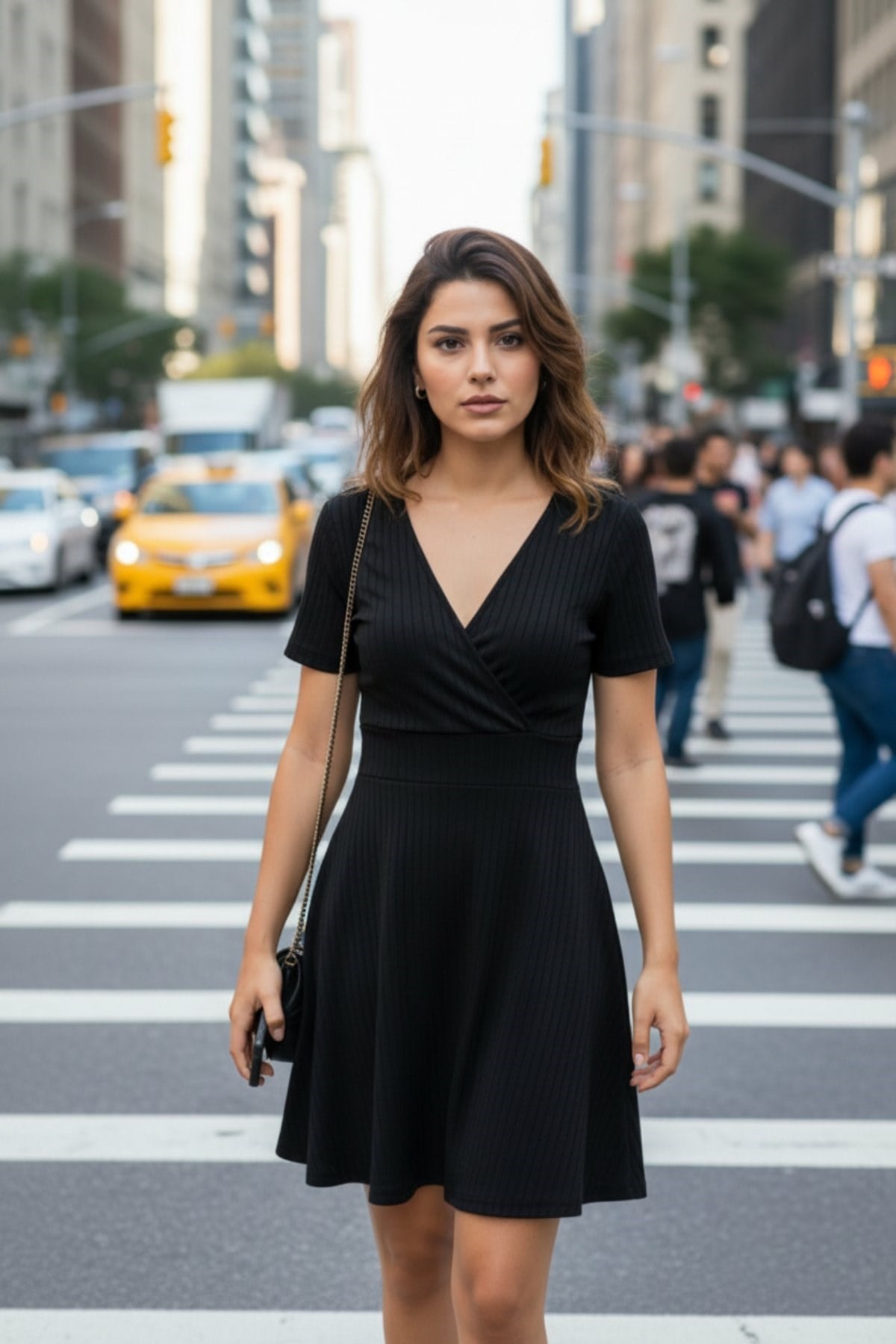 Kruvaze Yaka Kalın Fitilli Kaşkorse Elbise - Siyah