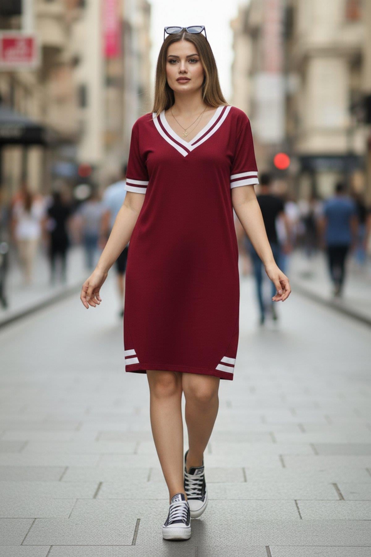 V Yaka Ribana Detay Dizüstü Viskon Elbise - Bordo