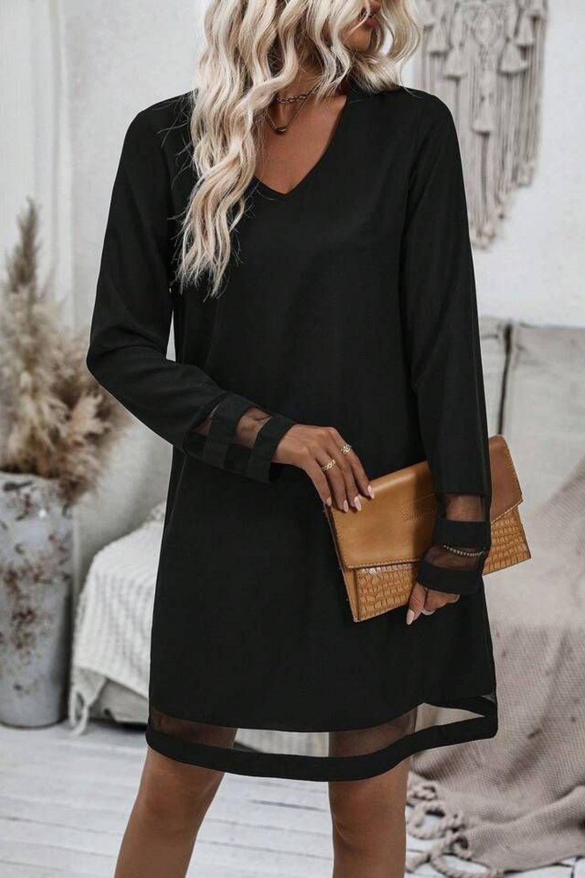 V Yaka Tül Şerit Detaylı Kısa Elbise - Siyah