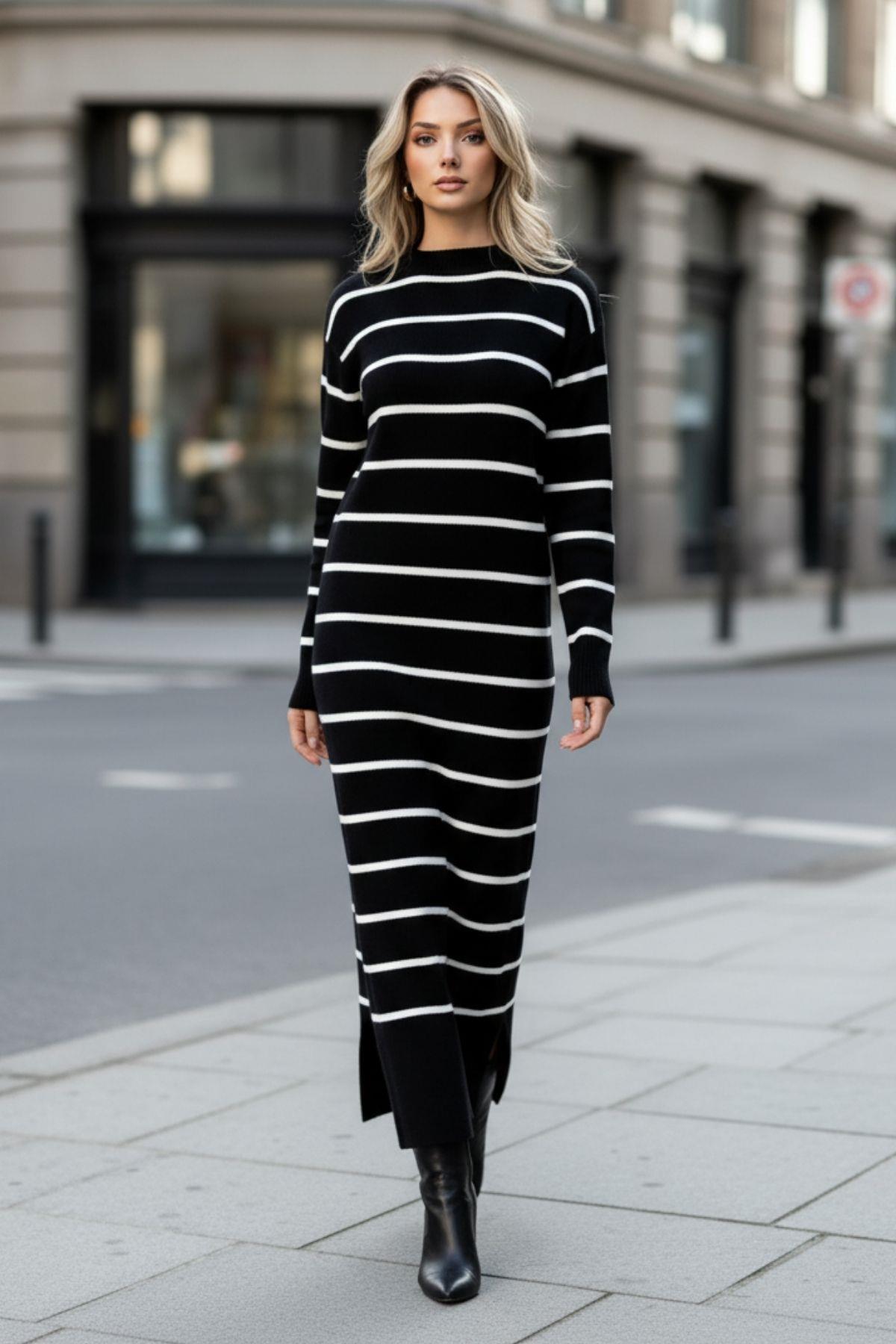 Rahat Çizgili Uzun Triko Siyah Elbise