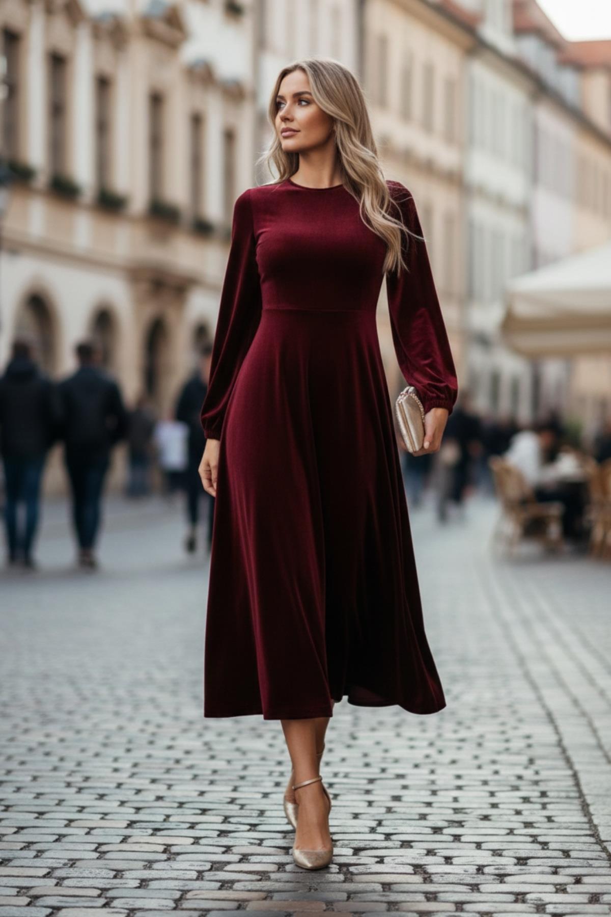 Evening Charm Bordo Kadife Midi Elbise