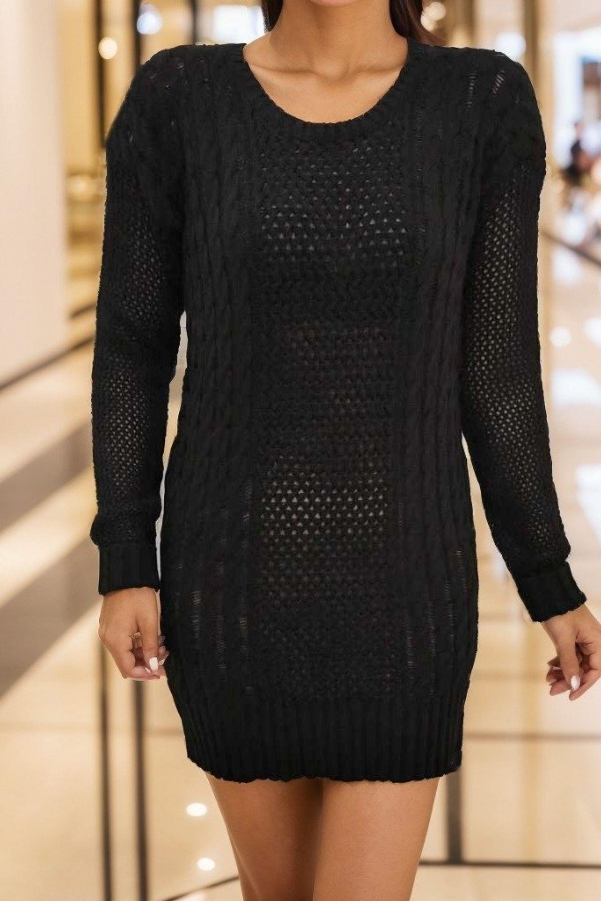 Uzun Kollu Örgü Detaylı Triko Elbise - Siyah