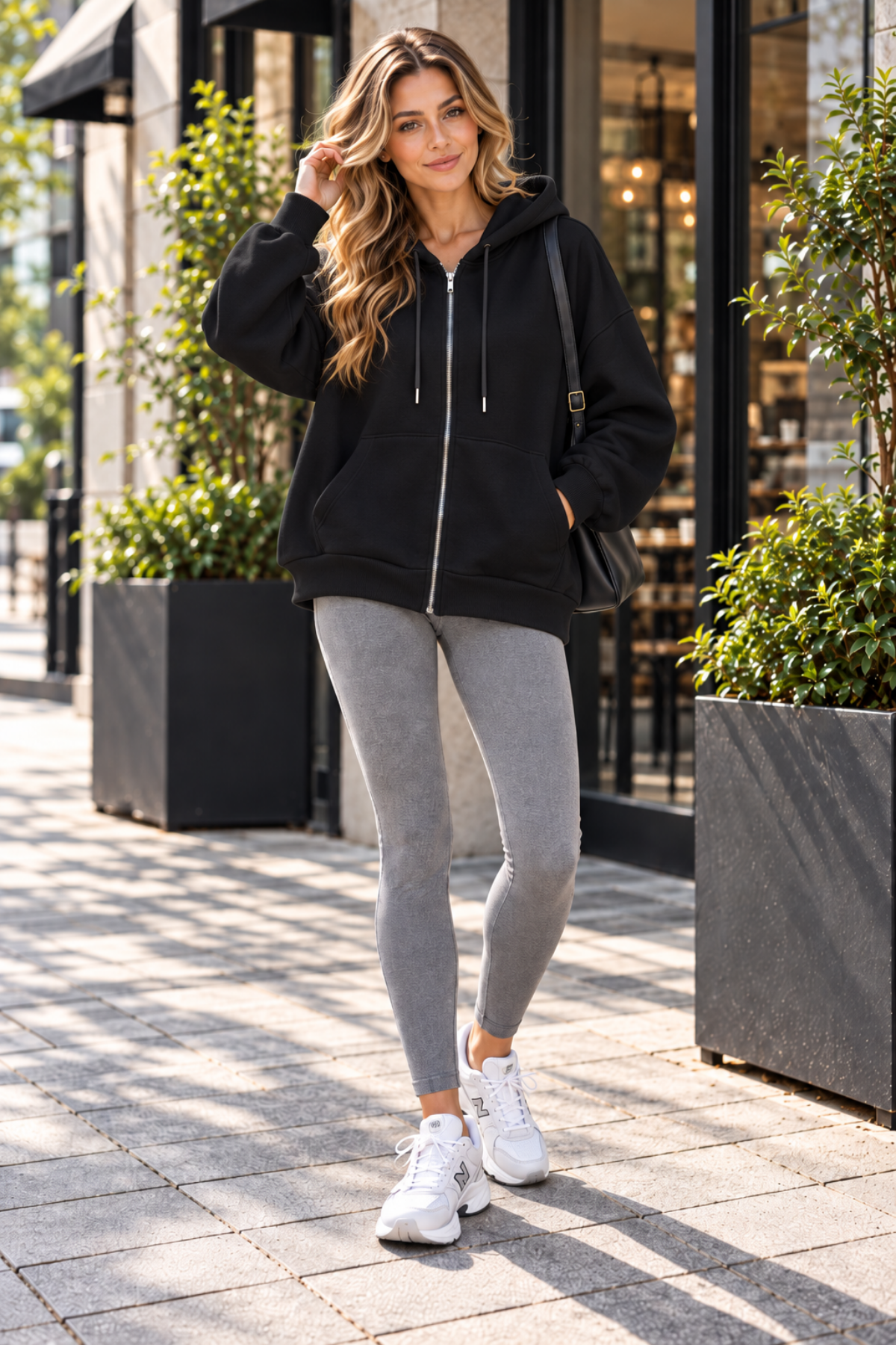 Üç İplik Oversize Kapüşonlu Fermuarlı Sweatshirt Siyah