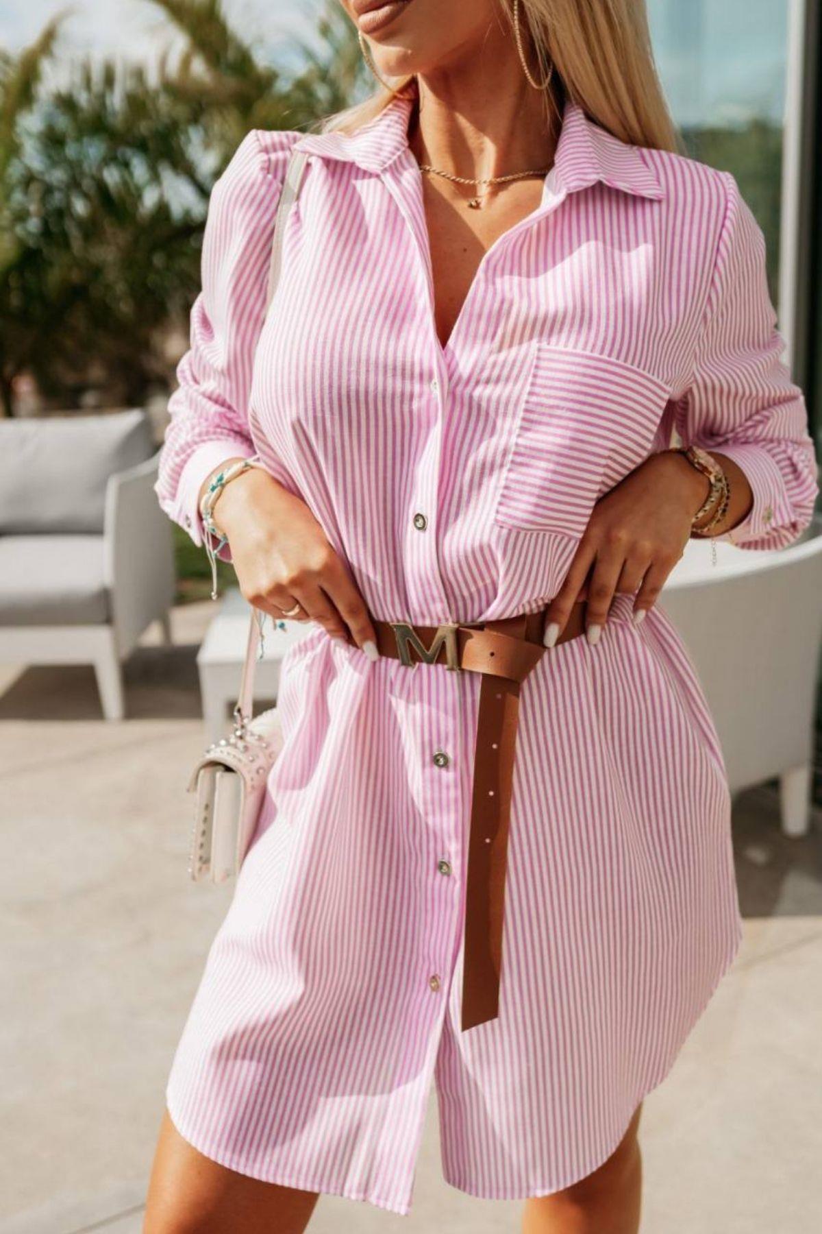 Cep Detaylı Çizgili Terikoton Gömlek Elbise Pembe