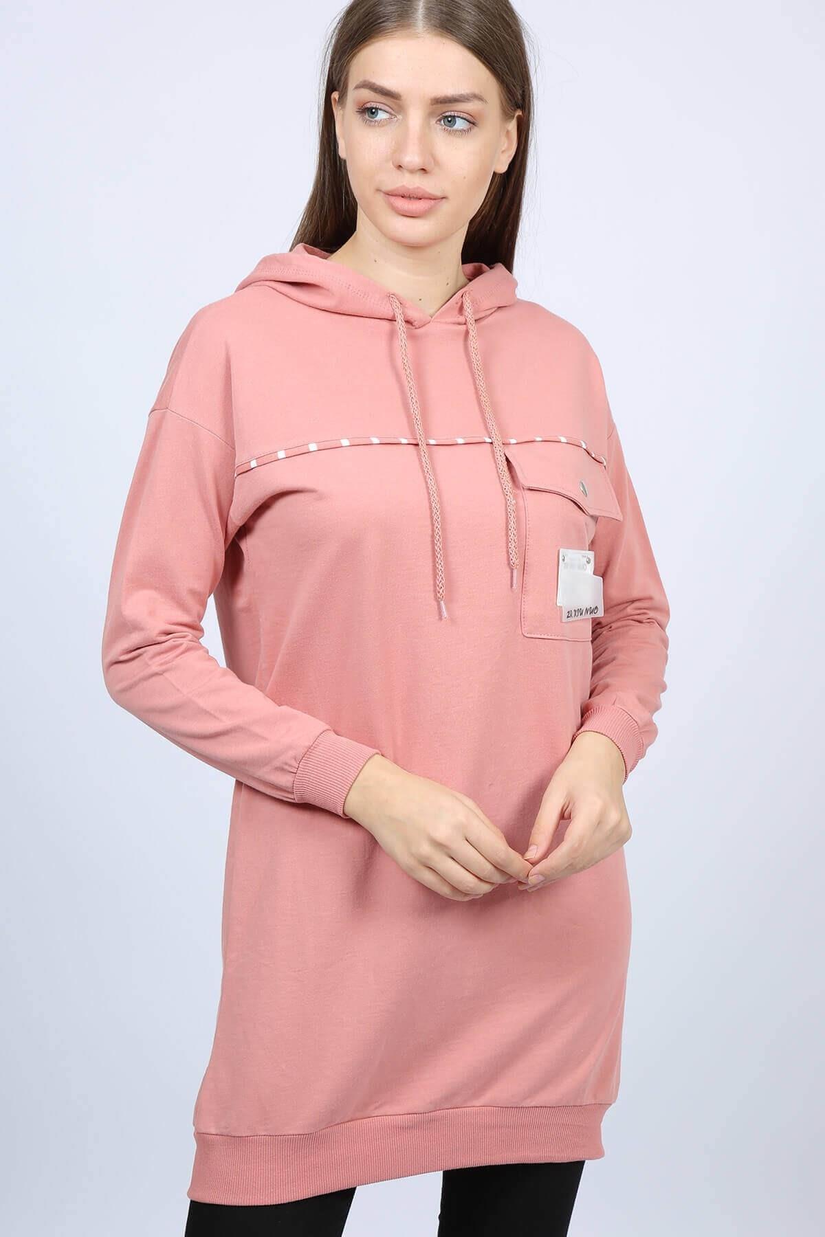 Cep Detaylı Kapüşonlu Tunik Pembe