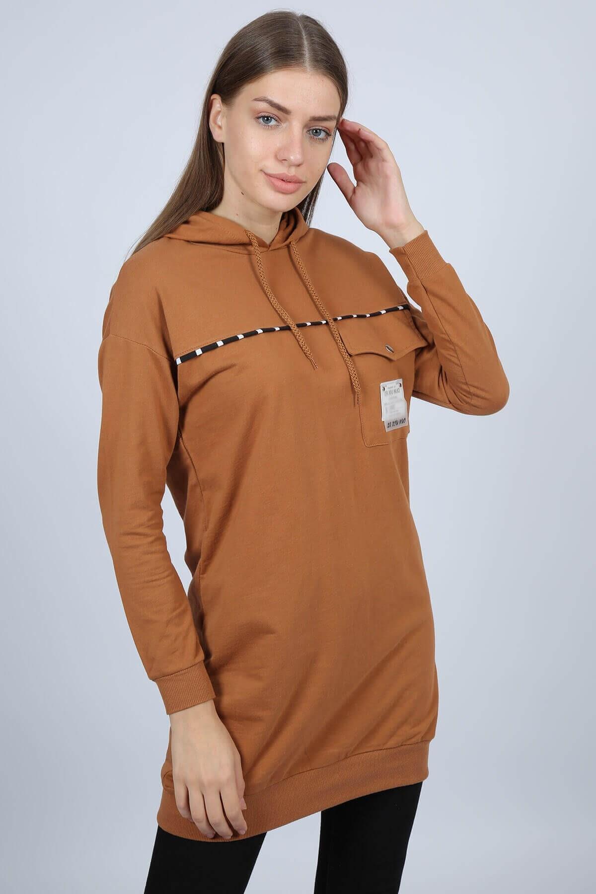 Cep Detaylı Kapüşonlu Tunik Taba
