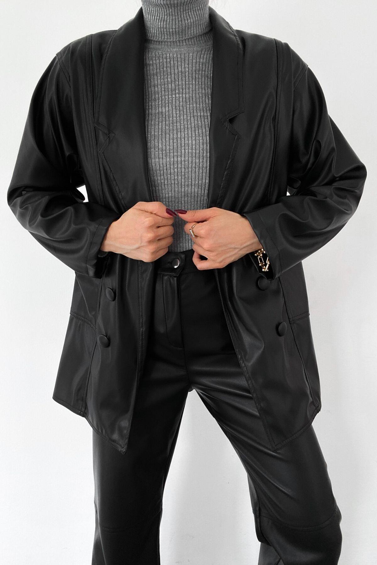 Cepli Blazer Deri Ceket Siyah