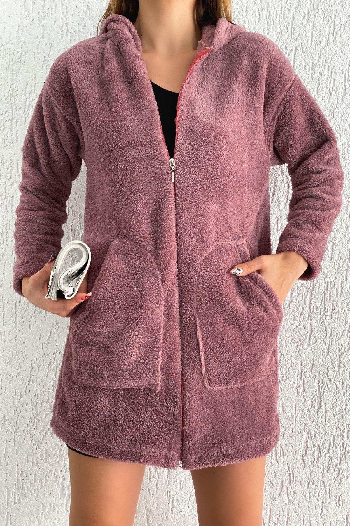 Cepli Fermuarlı Peluş Hırka Gül