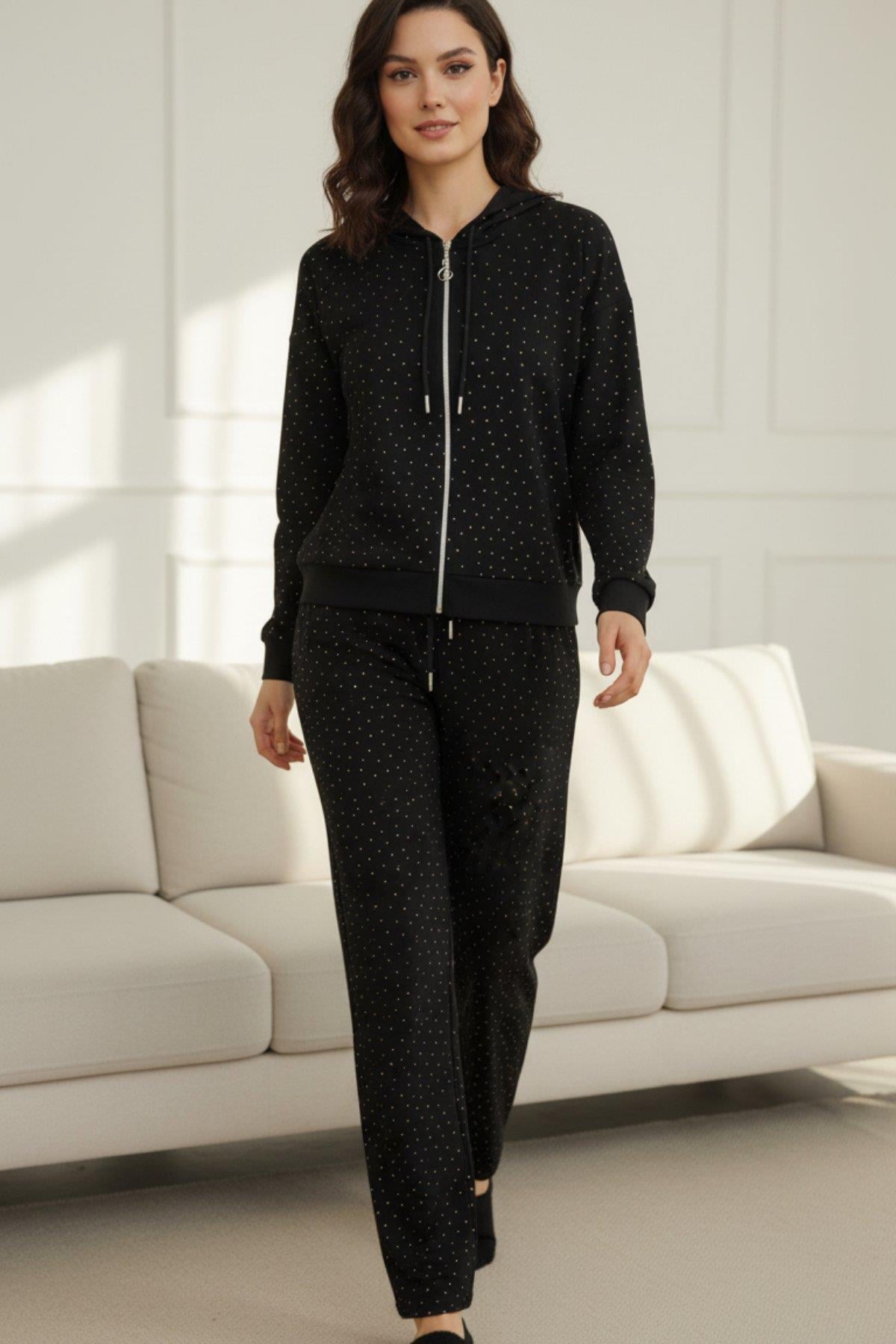 Taş Detaylı Jogger İkili Takım - Siyah
