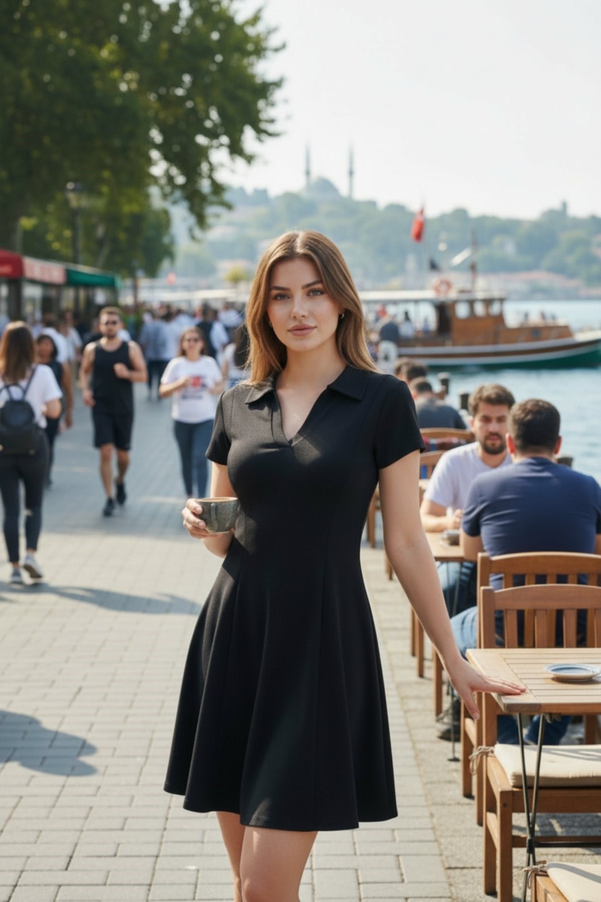 Modal Kumaş Polo Yaka Kloş Mini Elbise - Siyah