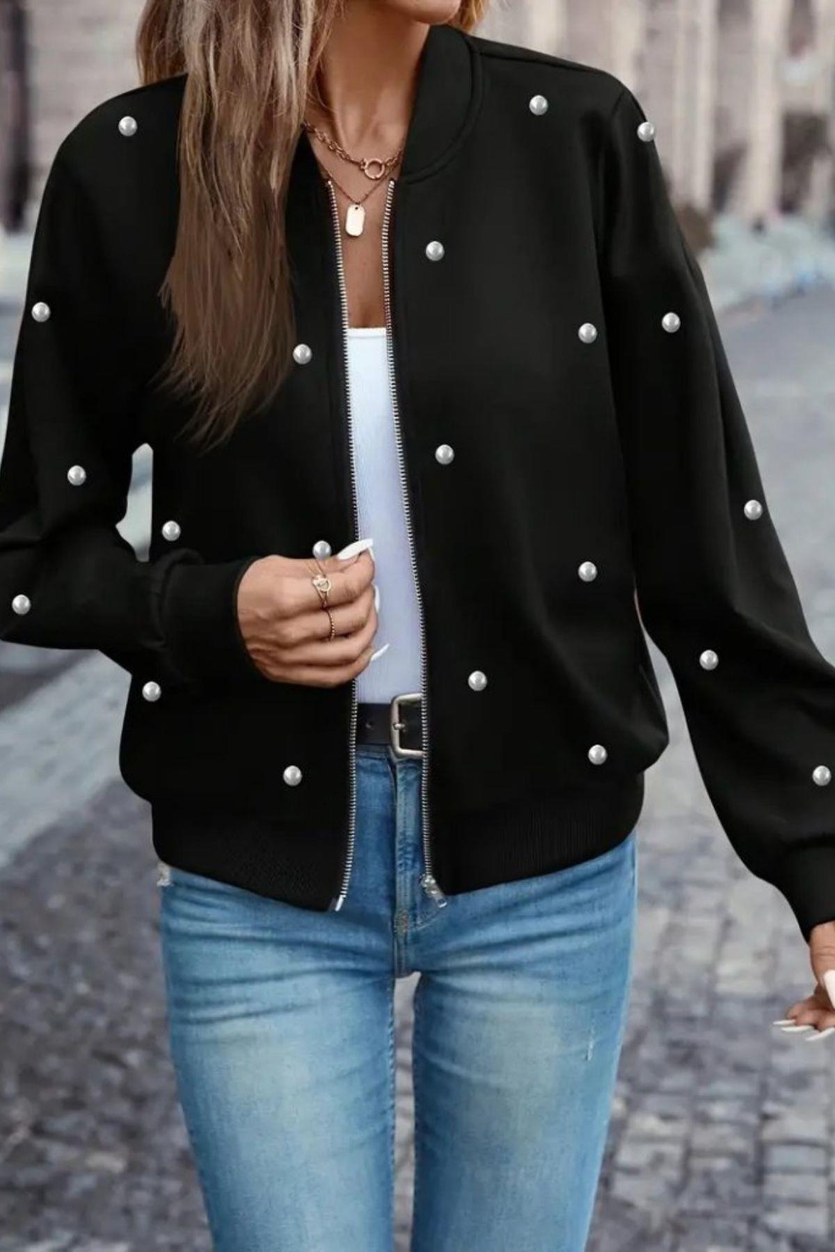 İnci Detaylı Fermuarlı Modal Ceket  - Siyah