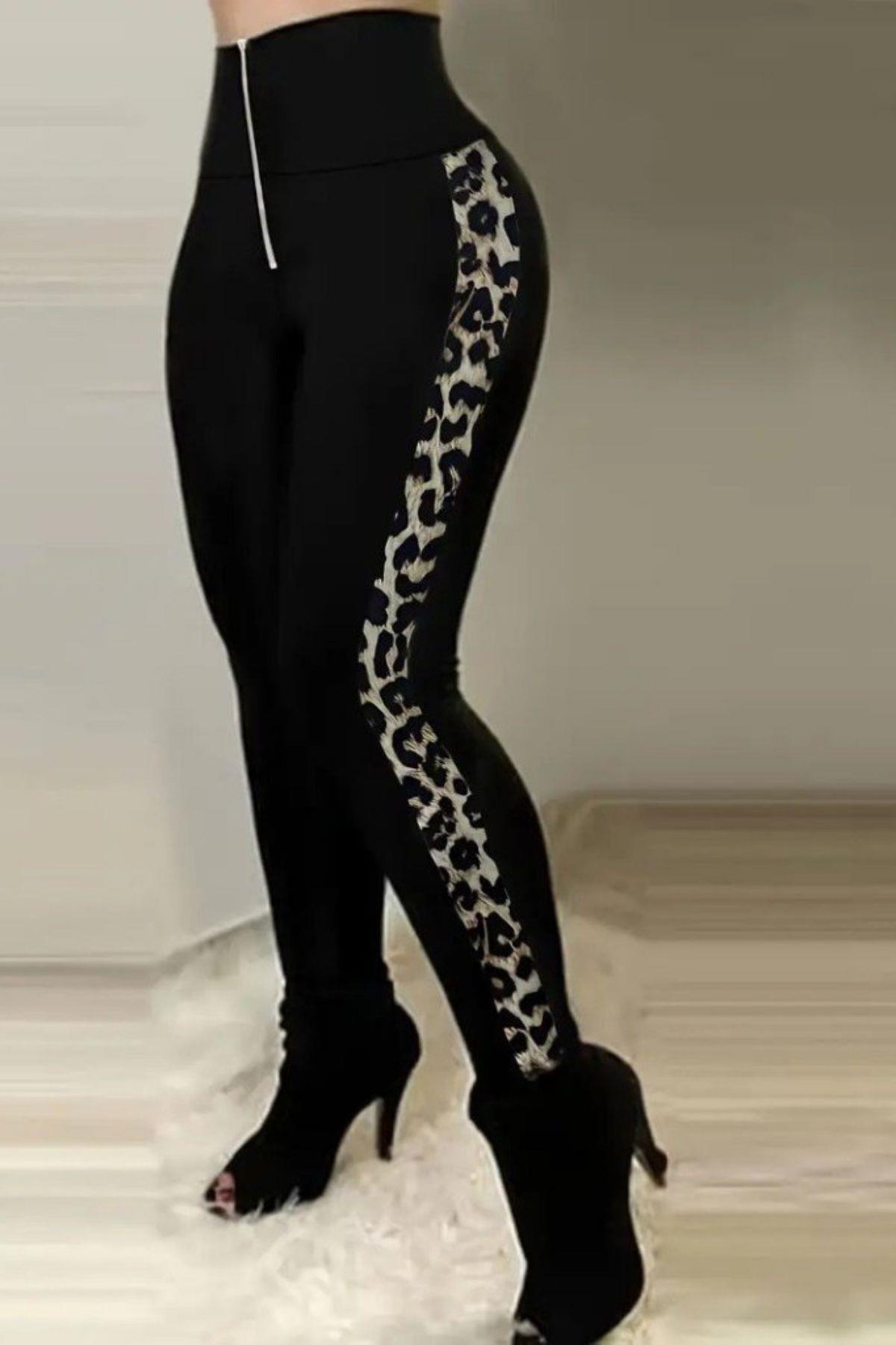 Önden Fermuarlı Yüksek Bel Dalgıç Tayt - Leopar