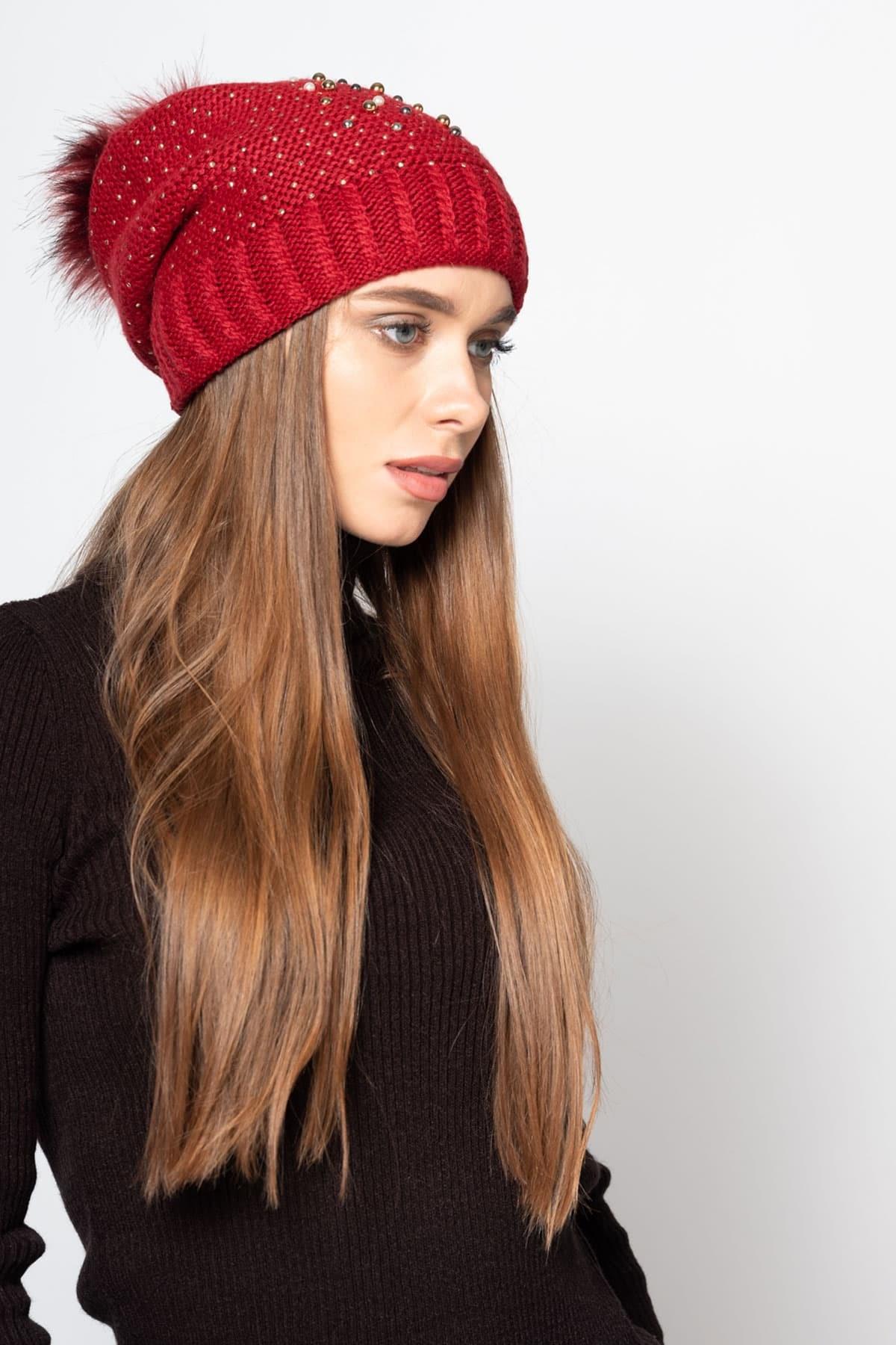 Chic Taşlı Bere Bordo