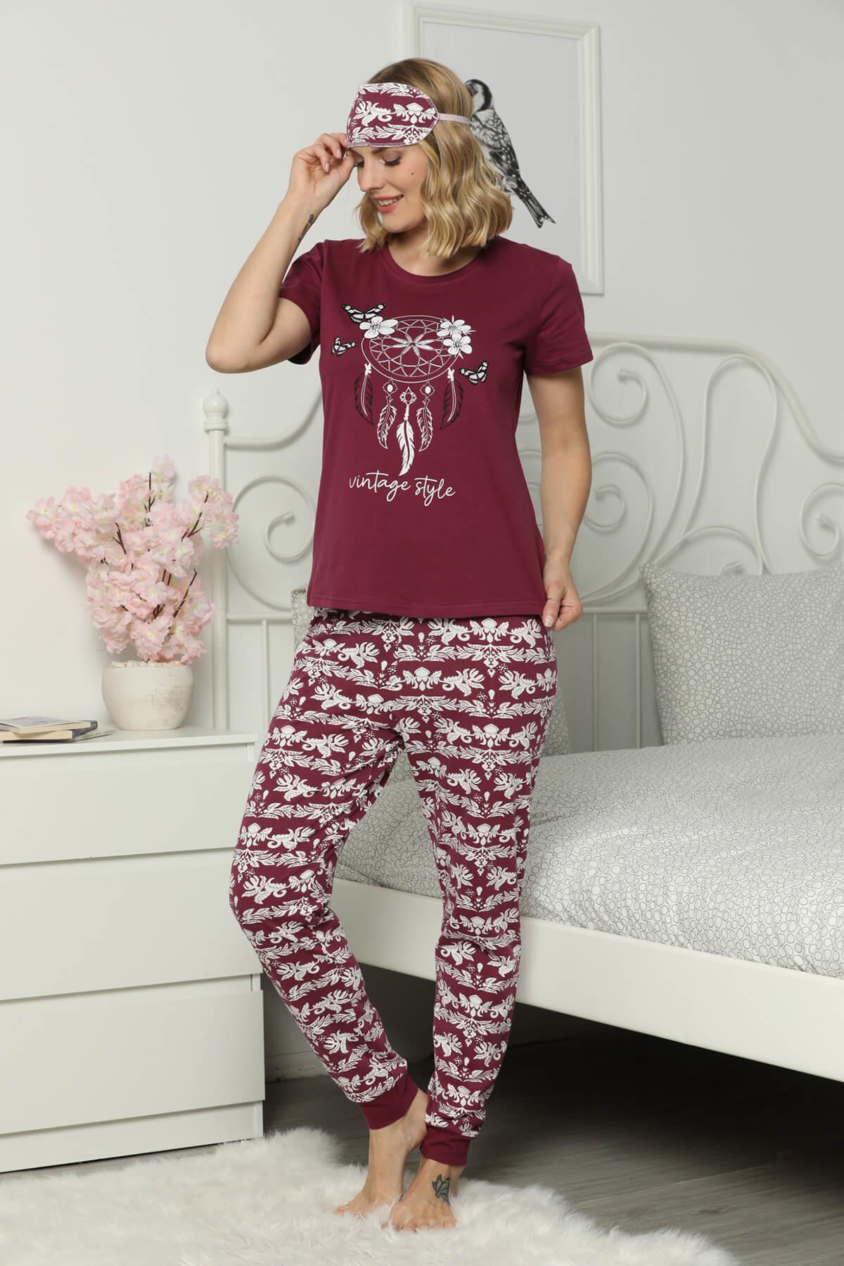 Çiçek Baskılı Kısa Kol Pijama Takım Mürdüm