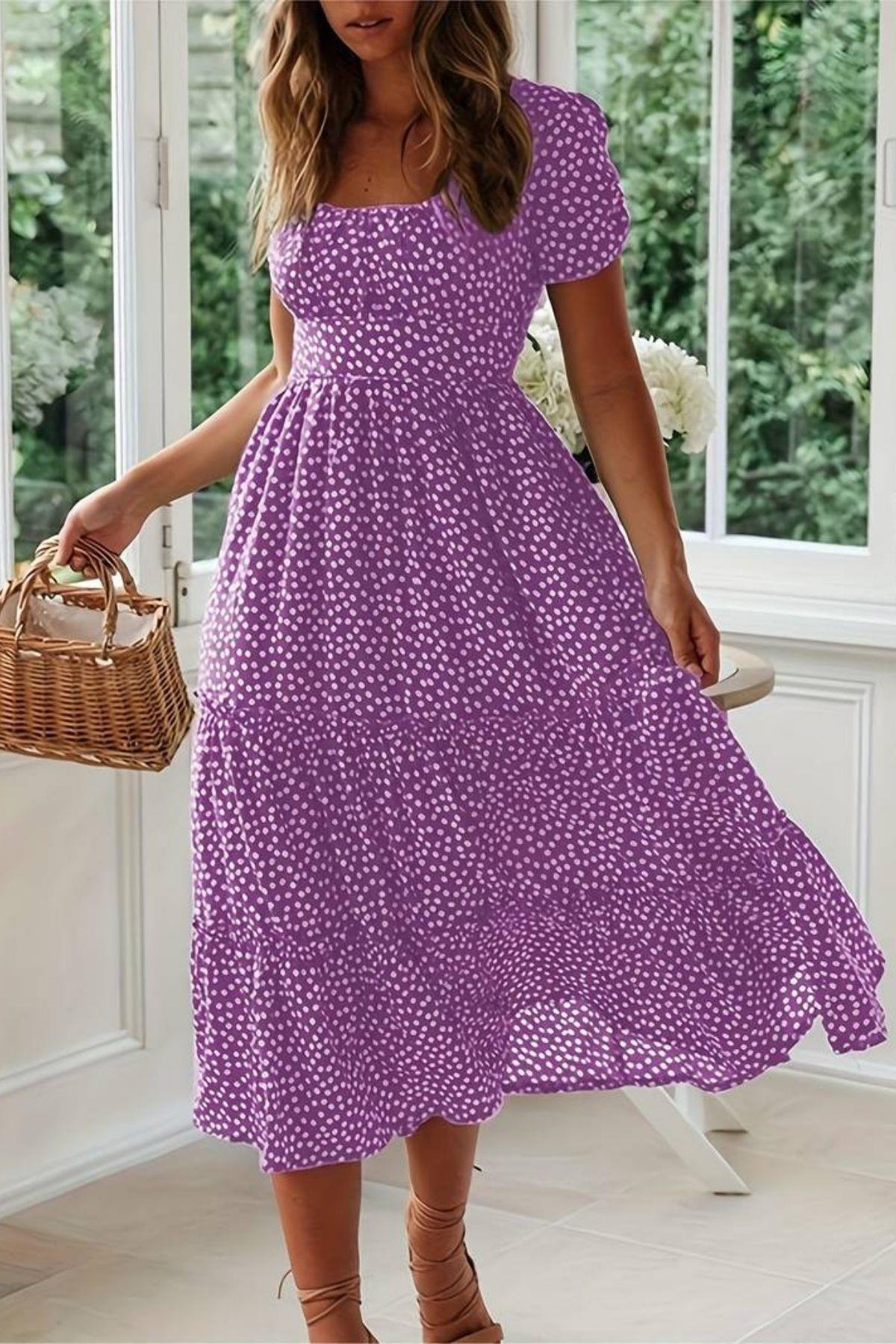 Çiçek Baskılı Süprem Elbise Mor