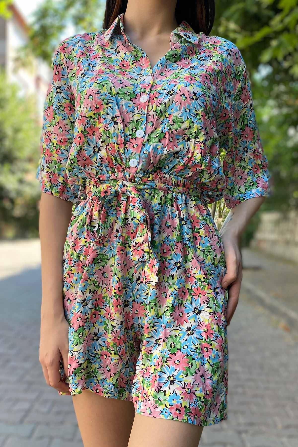 Çiçekli Çıtır Desen Tulum Pembe