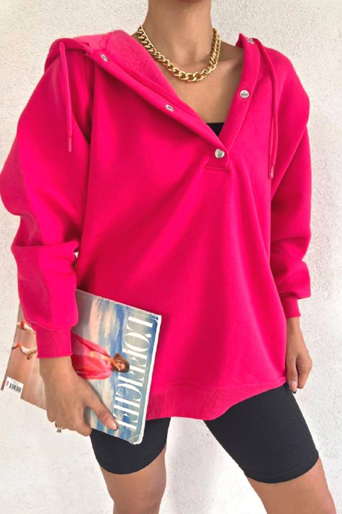Çıtçıtlı Oversize Sweatshirt Fuşya