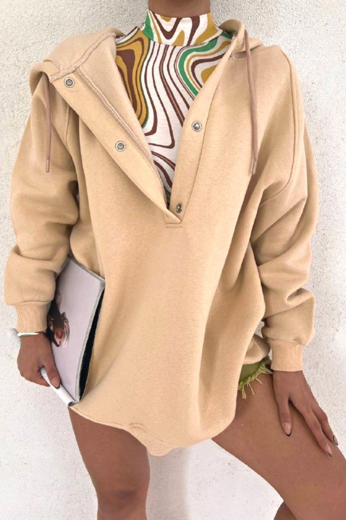 Çıtçıtlı Oversize Sweatshirt Vizon